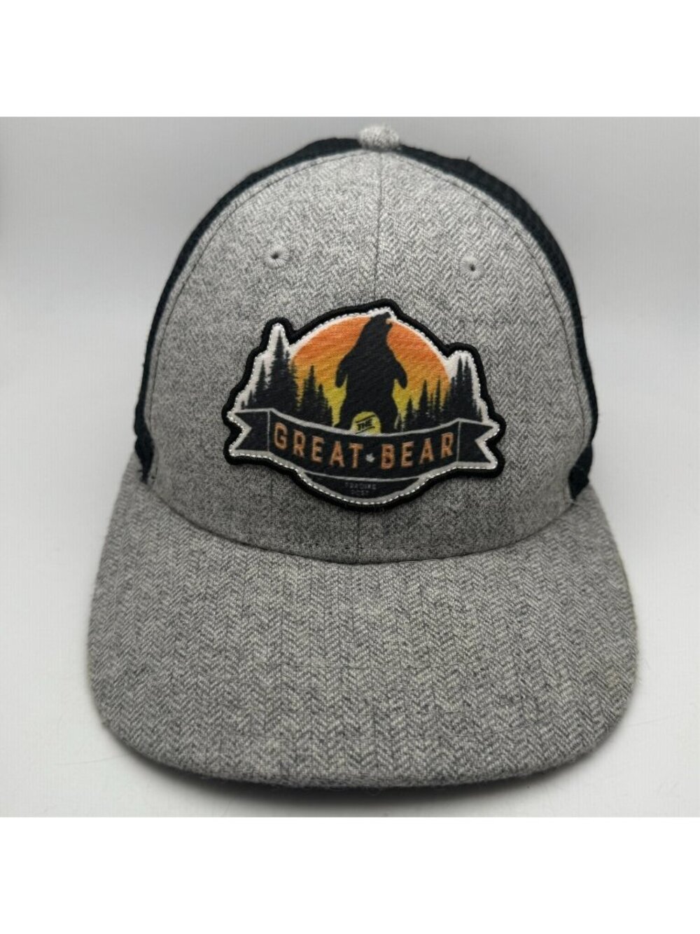 Great Bear Trucker Hat Cap Gray Black Snapback Bear Forest Sunset Patch Outdoors